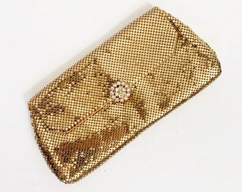 Vintage Whiting and Davis Gold Metal Mesh Clutch with Rhinestone Clasp