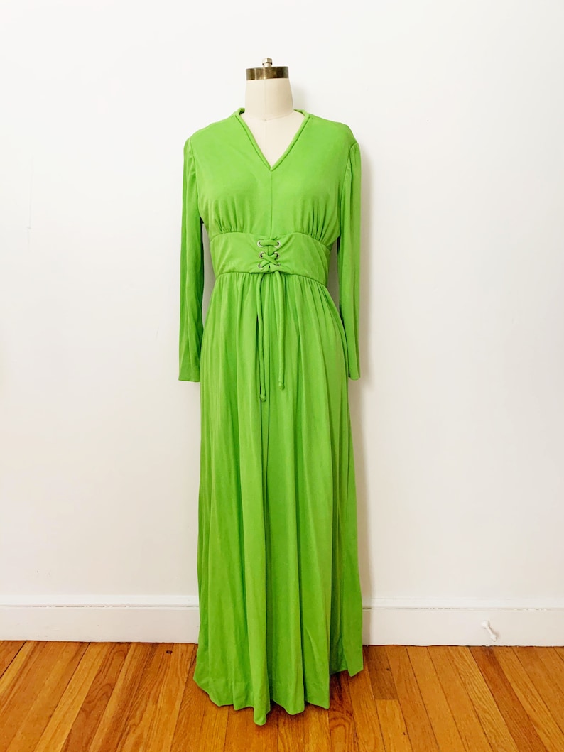 1970s 70s Vintage Lime Green Jersey Lace-up Wide Leg Jumpsuit Medium