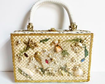1950s / 60s Vintage White Wicker Seashell Novelty Box Purse / Beach Bag