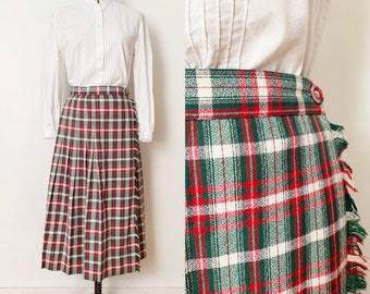 1990s / 90s Vintage Red and Green Tartan Plaid Wrap Midi Skirt / Small