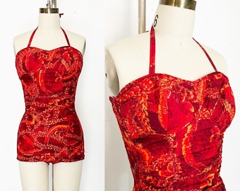 1950s / 50s Vintage Alfred Shaheen Red Print Cotton Halter One Piece Swimsuit / Bathing Suit / Extra Small