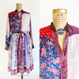 シルクRitu Kumar for Judith Ann ぼたん花柄ワンピース Vintage 1970s Ritu Kumar For Judith Ann Blue & Orange Silk