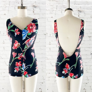 1990s / 90s Vintage Black Floral Zip-Front One-Piece Swimsuit / Small