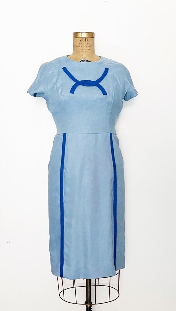 1950s / 50s Vintage Blue on Blue Sheath Dress / M… - image 2