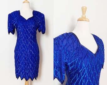 1980s / 80s Vintage Royal Blue Beaded Sequin Silk Cocktail Dress / Small