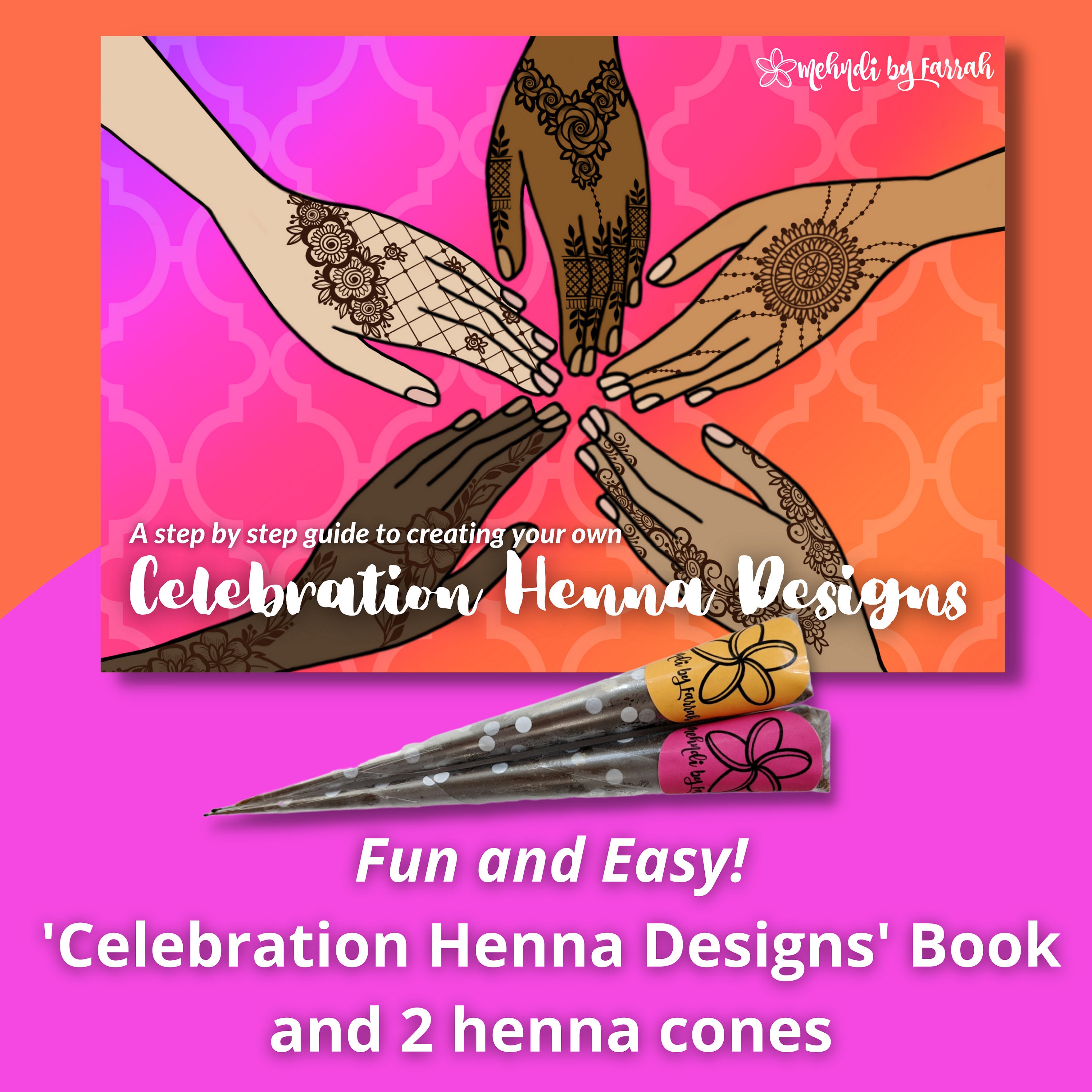 Celebration Henna Kit Design book with 2 Cones Mehndi Mendhi Book Eid Diwali Wedding Party Festival design book step by step guide tutorial