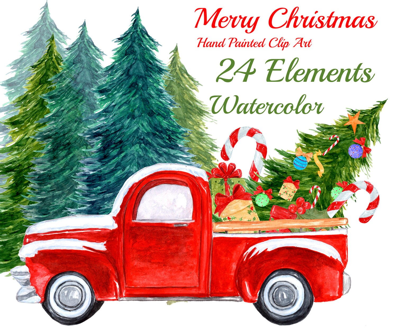 Christmas For Kids 2022 Pickup Watercolor Christmas Clipart: Christmas Truck | Etsy Singapore