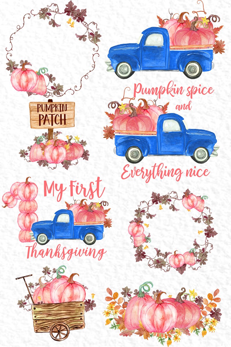 Truck With Pumpkins Pink Pumpkins Thanksgiving Clipart My First Thanksgiving Pumpkin Spice Fall Clipart Baby Shower Watercolor Pumpkins Clip Art Art Collectibles Sultraline Id