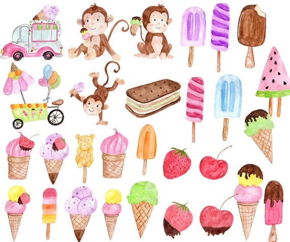 Ice Cream Clipart Monkey Clipart Watercolor Ice Etsy