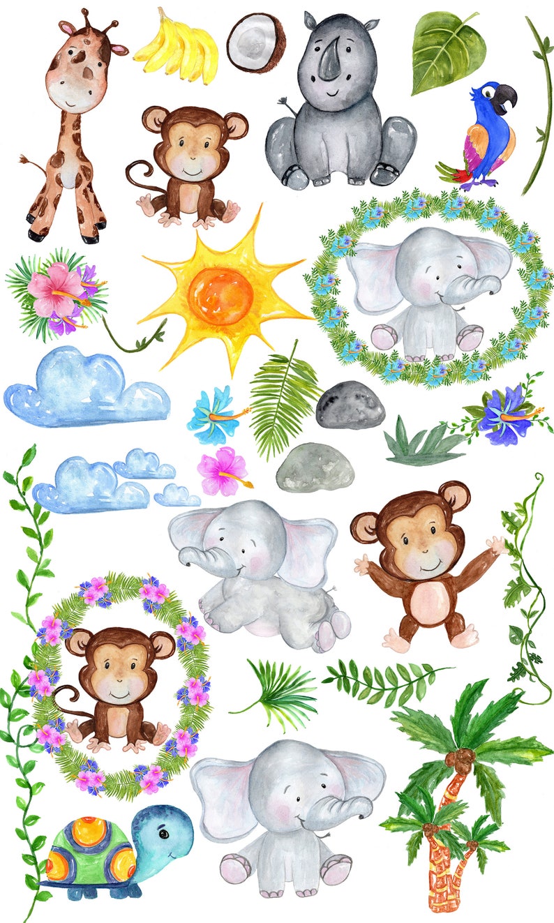 African Animals Watercolor Animals Jungle Animals Clip Art Wild Animals Cute Baby Animals Tropical Leaves Safari Animals Clipart Clip Art Art Collectibles Kromasol Com
