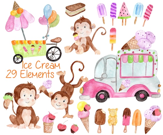 Ice Cream Clipart Monkey Clipart Watercolor Ice Etsy