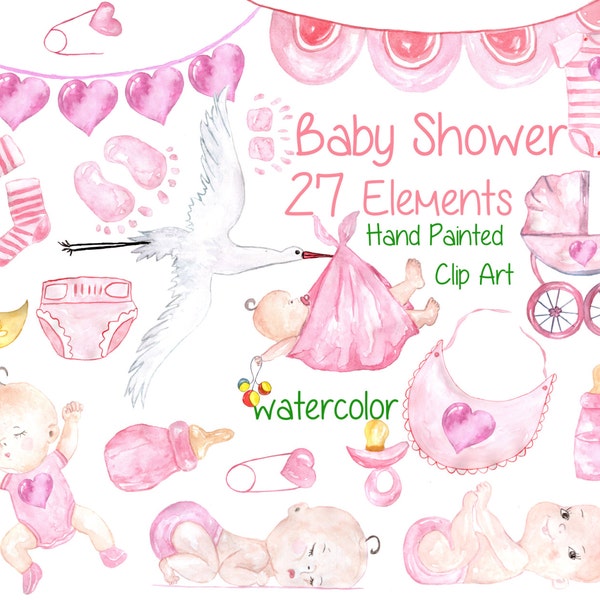 Watercolor baby girl clipart: "BABY SHOWER CLIPART" New Baby Girl Clipart Pink Baby Shower Clip Art Stork Baby Girl kids clipart it's a girl