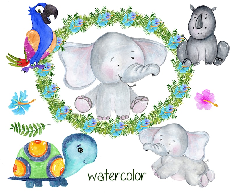 African Animals Watercolor Animals Jungle Animals Clip Art Wild Animals Cute Baby Animals Tropical Leaves Safari Animals Clipart Clip Art Art Collectibles Kromasol Com