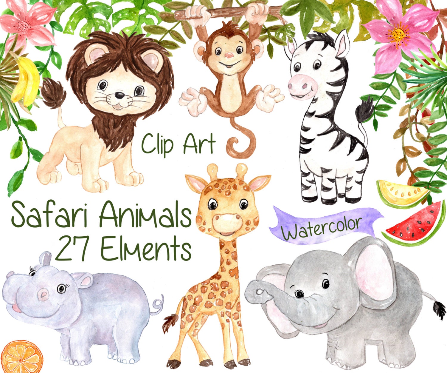 Download Watercolor Safari clipart: SAFARI ANIMALS CLIPART | Etsy