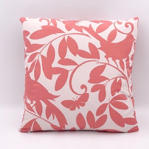 Coral and White Nature Pillow Cover - Birds and Butterflies Designer Fabric Pillow Cover - Made To Order