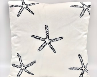 Starfish Embroidered Navy And White  18" X 18"  Pillow Cover - Designer Fabric Pillow Cover