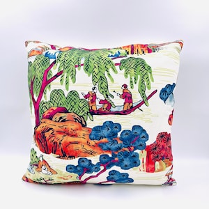 Thibaut Asian Scenic Dynasty Collection Chinoiserie Pillow Cover - Pagoda Pillow Cover - Designer Fabric Pillow Cover - Pink Green Blue 20&quot;