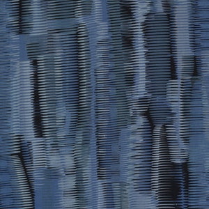 May include: Abstract digital art print with a blue and black color scheme. The design features a series of vertical lines that create a sense of movement and depth.