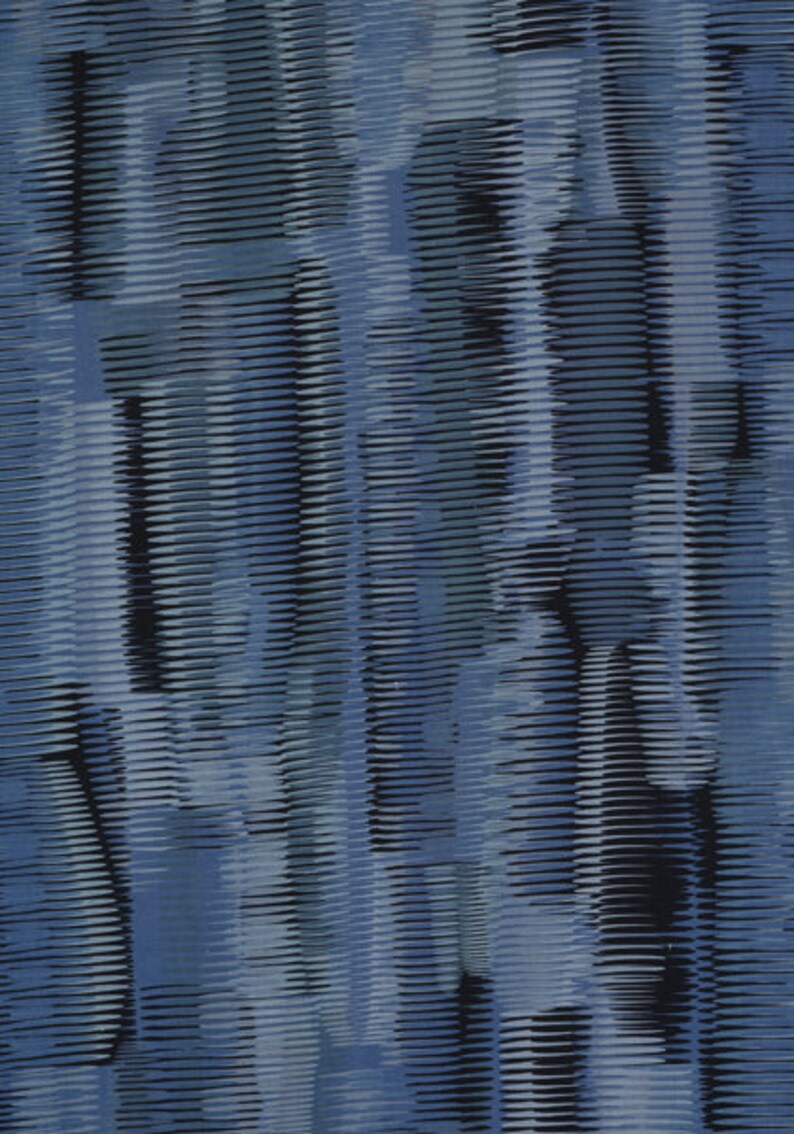 May include: Abstract digital art print with a blue and black color scheme. The design features a series of vertical lines that create a sense of movement and depth.