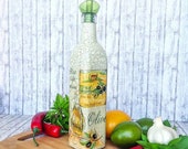 Mediterranean kitchen, olive oil glass bottle, vinegar dispenser, cooking utensils, italian table restaurant decoration