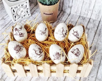 Easter decorations, farmhouse easter eggs set of 8, speckled eggs with farm animals in a wooden crate, easter gift for hostess