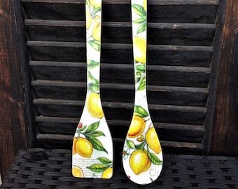 Lemon decor, lemon themed party gifts, wooden spoon and spatula, lemon kitchen decoration, decorative spoons, summer theme gift for mother