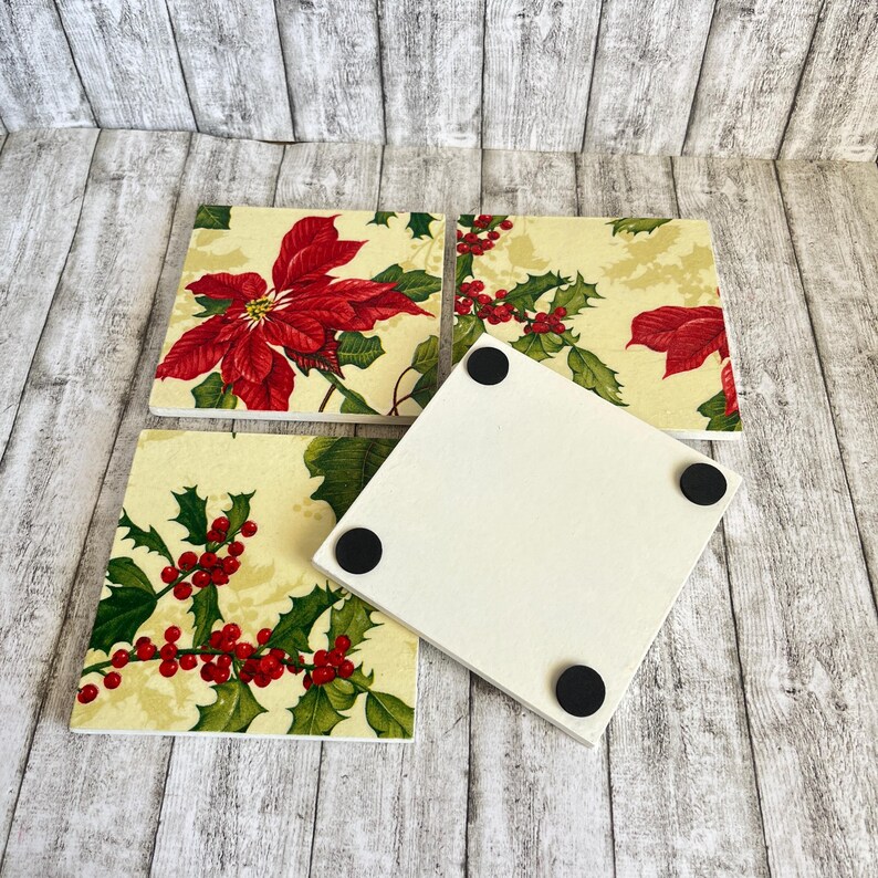 Christmas Flowers Gift Coasters, Poinsettias Wooden Square Coasters