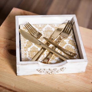 Porta tovaglioli in legno, decorazione da tavola in stile fattoria in oro bianco, decorazione da cucina, sala da pranzo, piccolo vassoio multiuso