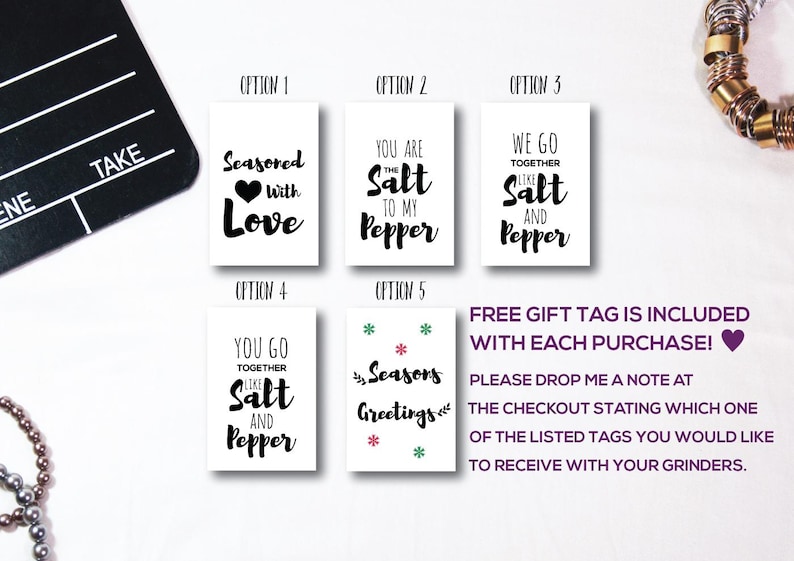 May include: Five different gift tag designs with salt and pepper themed sayings. The tags are white with black text. The designs include "Seasoned with Love", "You are the Salt to my Pepper", "We go together like Salt and Pepper", "You go together like Salt and Pepper", and "Seasons Greetings".