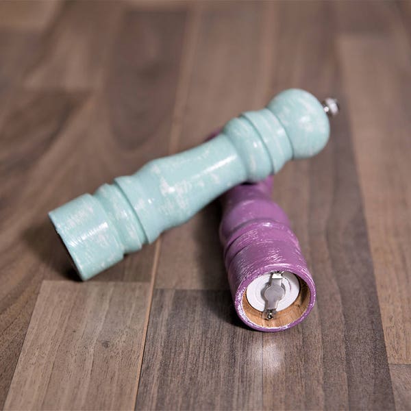Salt and Pepper Mills, Wooden Grinders, Pastel Kitchen Decor, Purple - Aqua Distressed Grinders, 5 Years Wedding Anniversary Gift for Her