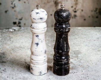 Pepper Mills Wood, Unique Valentines Gift for Him, Black White Grinders, Salt and Pepper Shakers, Housewarming Gift for Couples