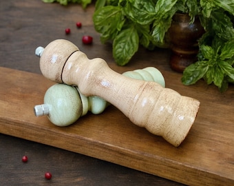 Salt & Pepper Shakers Grinders Set,  Handmade Wooden Mills, Rustic Wedding Gift for Couples, Country Green - Cappuccino Color