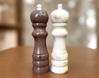 Grilling gift for him, Wooden salt and pepper adjustable refillable mills, Cooking accessories, Brown taupe and cream, New home gift