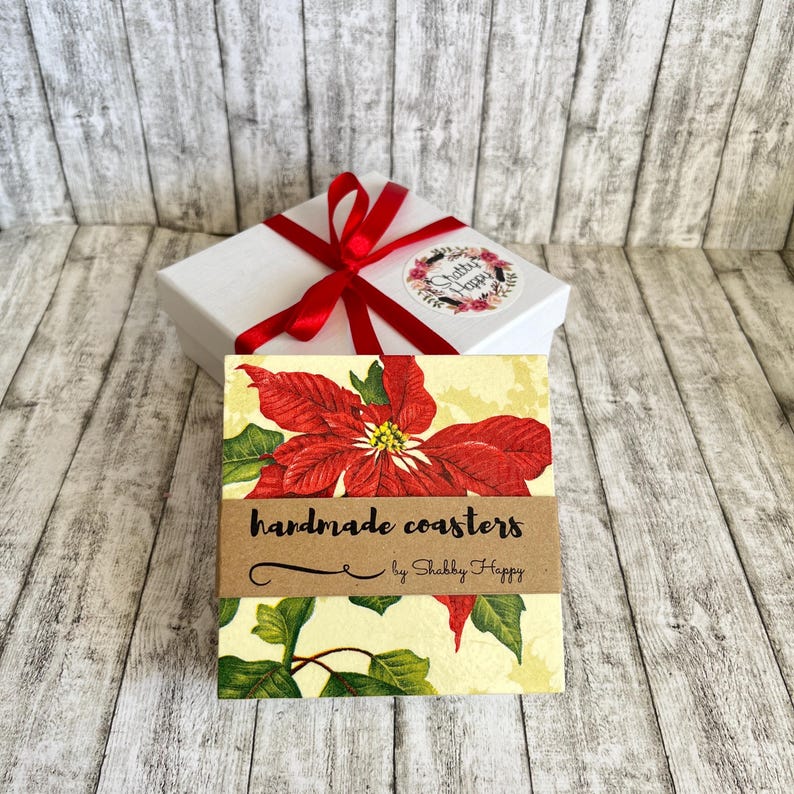 Christmas Flowers Gift Coasters, Poinsettias Wooden Square Coasters