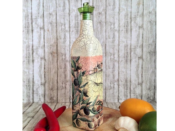 Olive oil dispenser, mediterranean kitchen decor, kitchen organization, cooking gift, cooking oil cruet, glass bottle with pourer