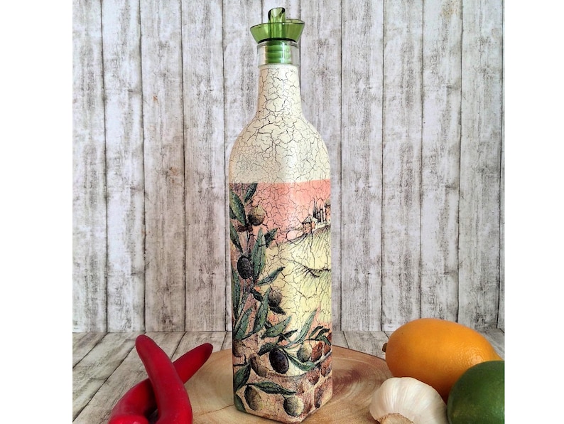 Olive oil dispenser, mediterranean kitchen decor, kitchen organization, cooking gift, cooking oil cruet, glass bottle with pourer image 1