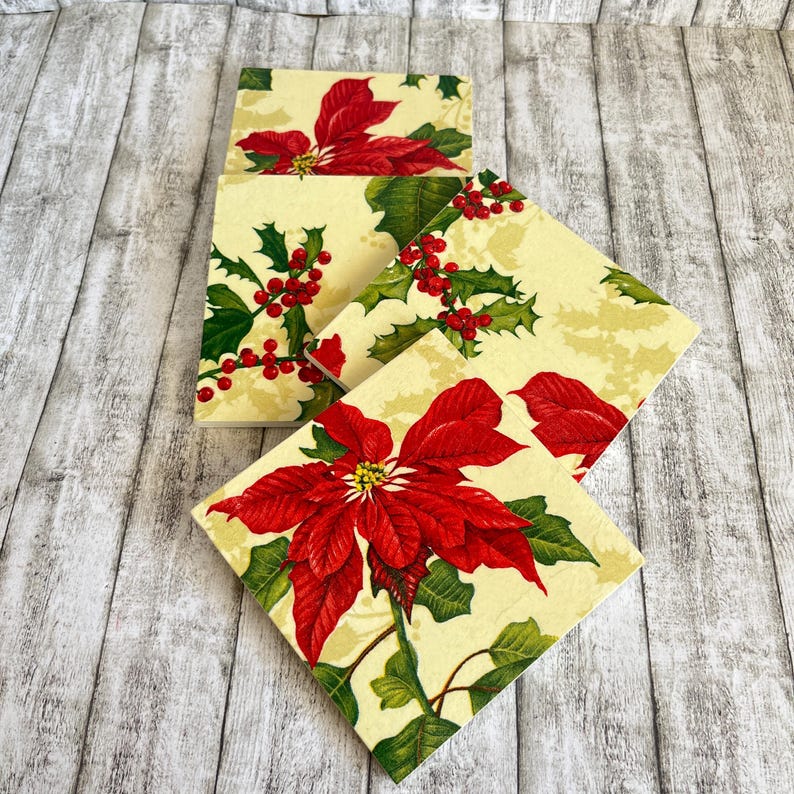 Christmas Flowers Gift Coasters, Poinsettias Wooden Square Coasters
