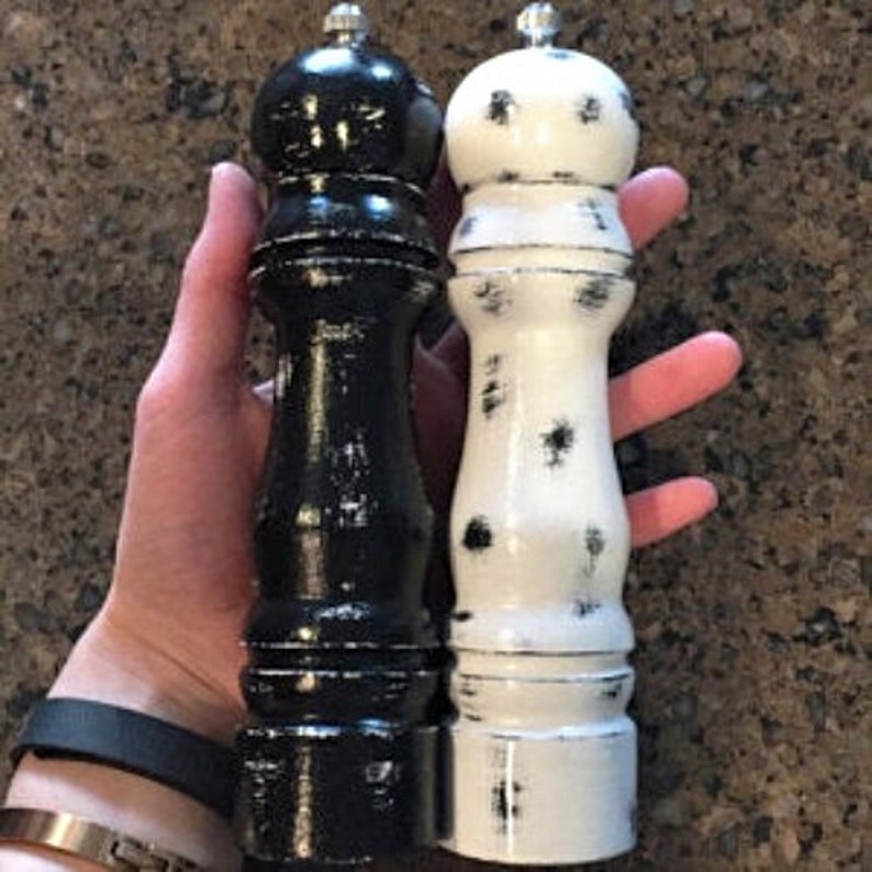 Pepper Mills Wood, Unique Valentines Gift for Him, Black White Grinders, Salt and Pepper Shakers, Housewarming Gift for Couples image 5