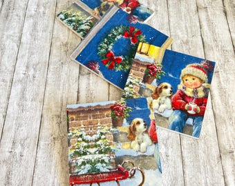 Juego de posavasos navideños retro: decoración navideña de madera con técnica de decoupage.