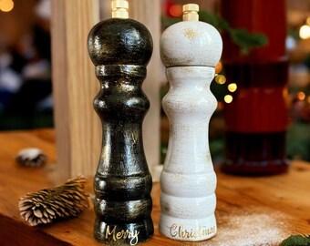 Christmas Salt and Pepper Grinder Set: Hand-Painted Wooden Mills