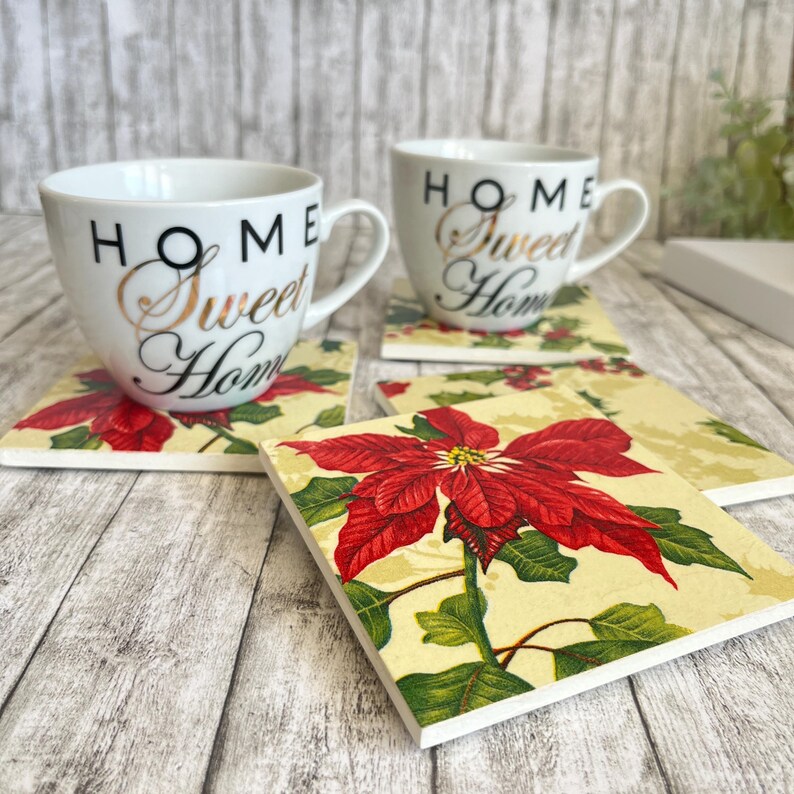 Christmas Flowers Gift Coasters, Poinsettias Wooden Square Coasters