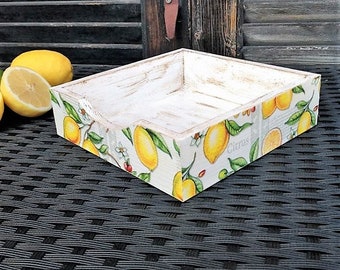Lemon Napkin Holder: Farmhouse Kitchen Decor, Decoupage Wooden Tray