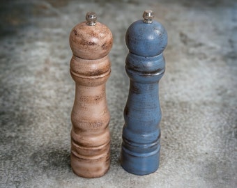 Salt and Pepper Shakers Grinders, Father's Day Grilling Gift, Set of 2 Peppermills Wood Painted, Country Blue Cappuccino