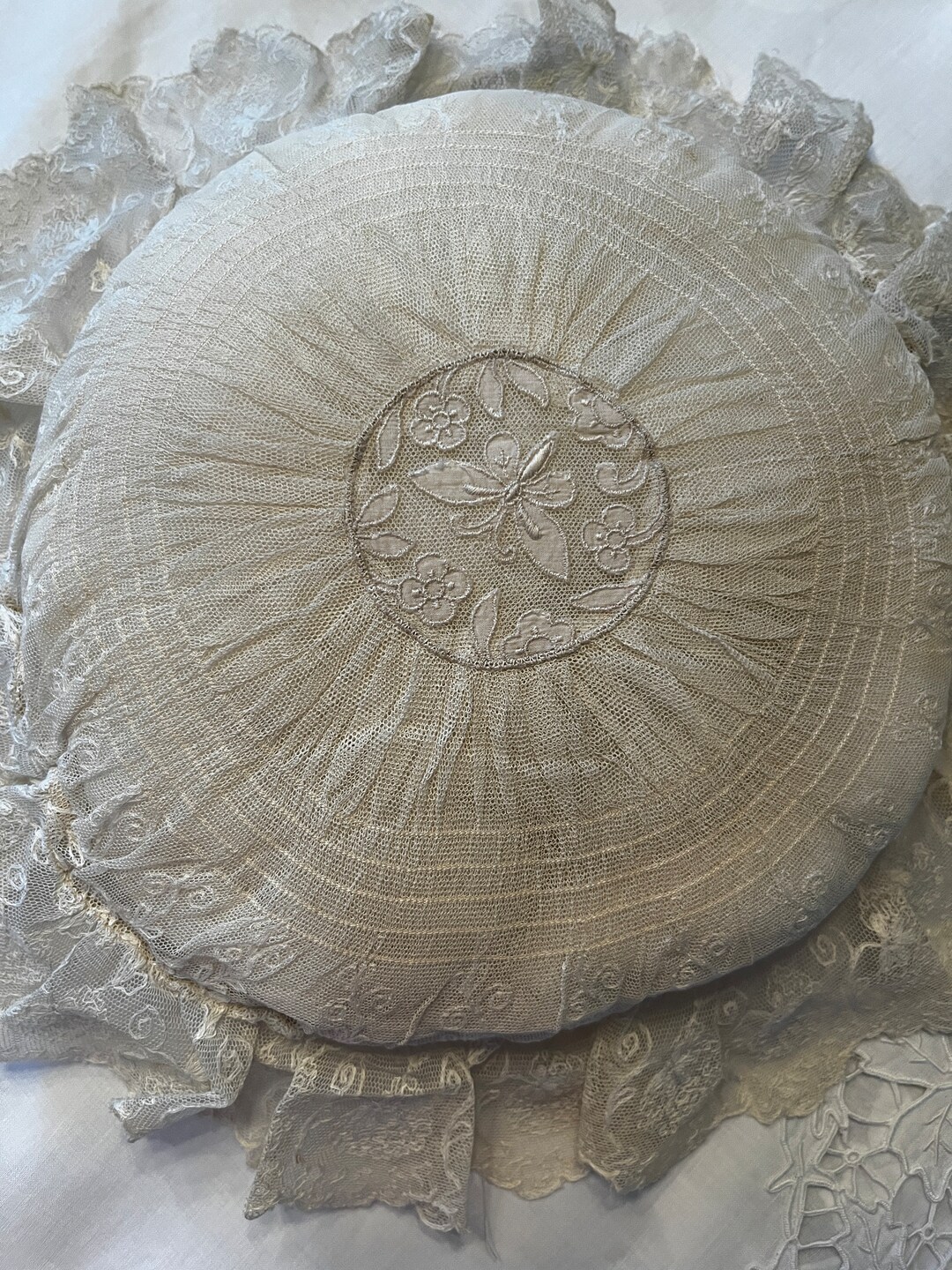 Antique Embroidered Small Round Pillow Etsy