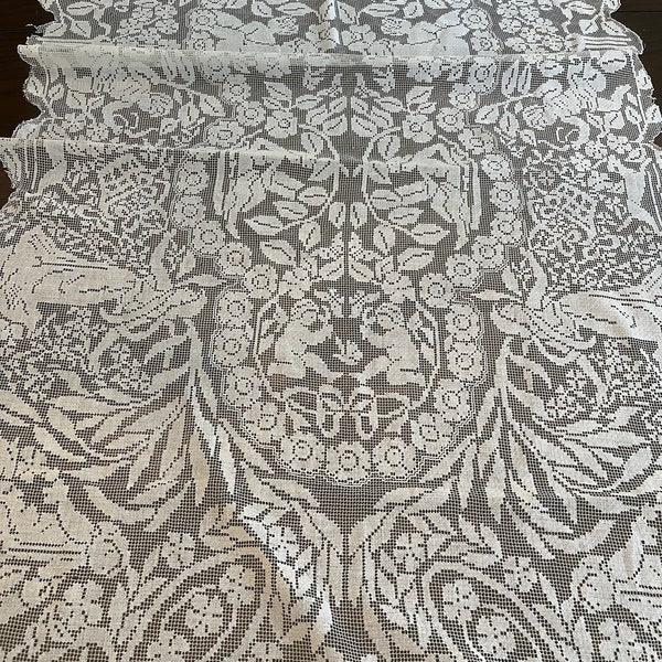 Antique Fine Filet Lace Table Runner 25" x 67"  Putti and Bows