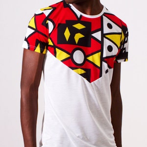 White V-Design T-Shirt with African Print - Samakaka Print from Angola