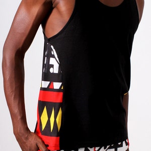 Black T-Shirt with African Print Accent - Samakaka Print from Angola