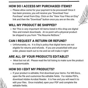 K&ouml;nnte beinhalten: Eine Seite mit h&auml;ufig gestellten Fragen (FAQs) f&uuml;r einen Shop mit digitalen Produkten. Die Seite bietet Informationen zum Zugriff auf gekaufte Artikel, ob Produkte versandt werden, zu R&uuml;ckgabe- und R&uuml;ckerstattungsrichtlinien sowie zur Bearbeitung von Produkten. Die Seite enth&auml;lt auch den Text "Resume Restore" am unteren Rand.