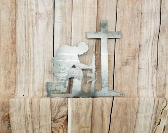 Fireman Kneeling At The Cross Fence Post Topper,Prayer,Rescue,EMT,Garden