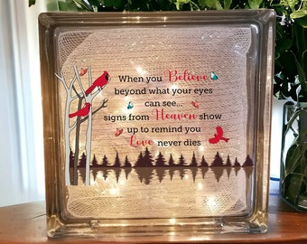 Inspirational Memorial Glass Block with Lights, 8x8 - Believe Beyond What Your Eyes See